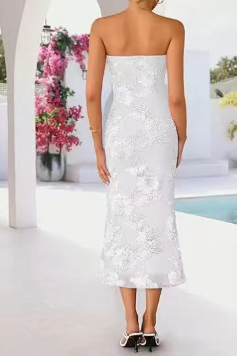 Strapless lace embellished midi dress from Plush Fashion Hub with intricate lace detailing and elegant design.