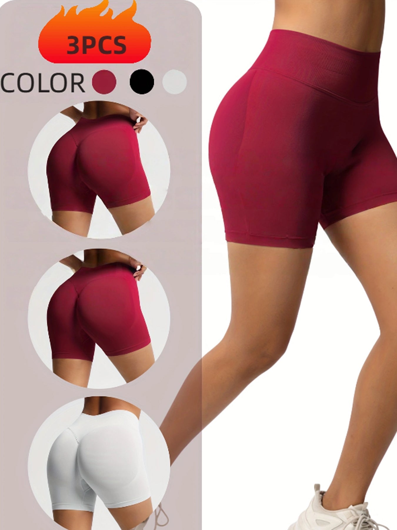 Three pairs of FitiqueFit women's seamless workout shorts shown in a 3-pack, ideal for activewear and gym workouts.