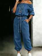 Black off-shoulder jumpsuit with pockets from Shopimist, featuring a stylish and comfortable design for casual wear.