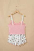 Plush Fashion Hub ribbed knit lace straps patchwork cropped top with floral lettuce hem, part of the short lounge set.