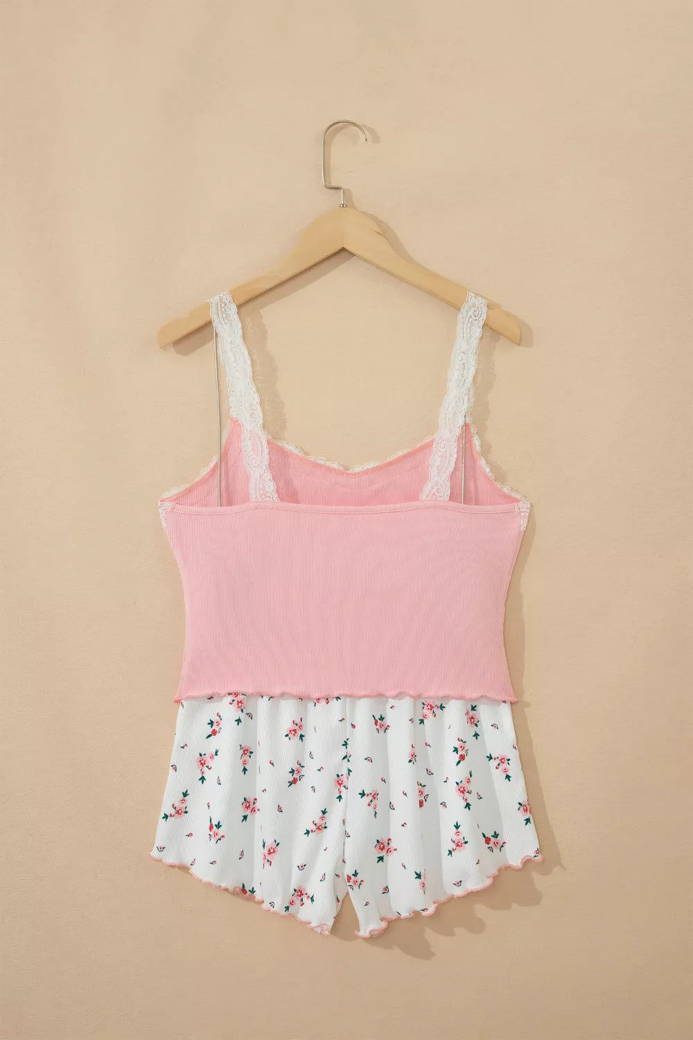 Plush Fashion Hub ribbed knit lace straps patchwork cropped top with floral lettuce hem, part of the short lounge set.