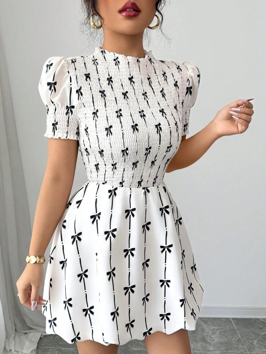 Shopimist smocked bow print short sleeve dress with ruffled neckline and lightweight fabric, perfect for warm weather.