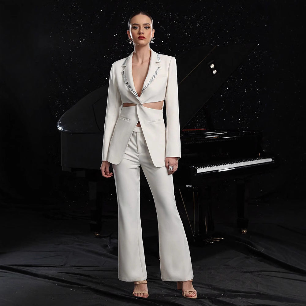 Elegant women's hollow-out long-sleeve suit jacket and pants set by Plush Fashion Hub, featuring a stylish tailored design.