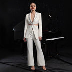 Elegant women's hollow-out long-sleeve suit jacket and pants set by Plush Fashion Hub, featuring a stylish tailored design.