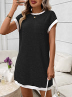 Contrast trim ribbed knit mini dress with functional pocket, featuring a fitted silhouette and stylish design.