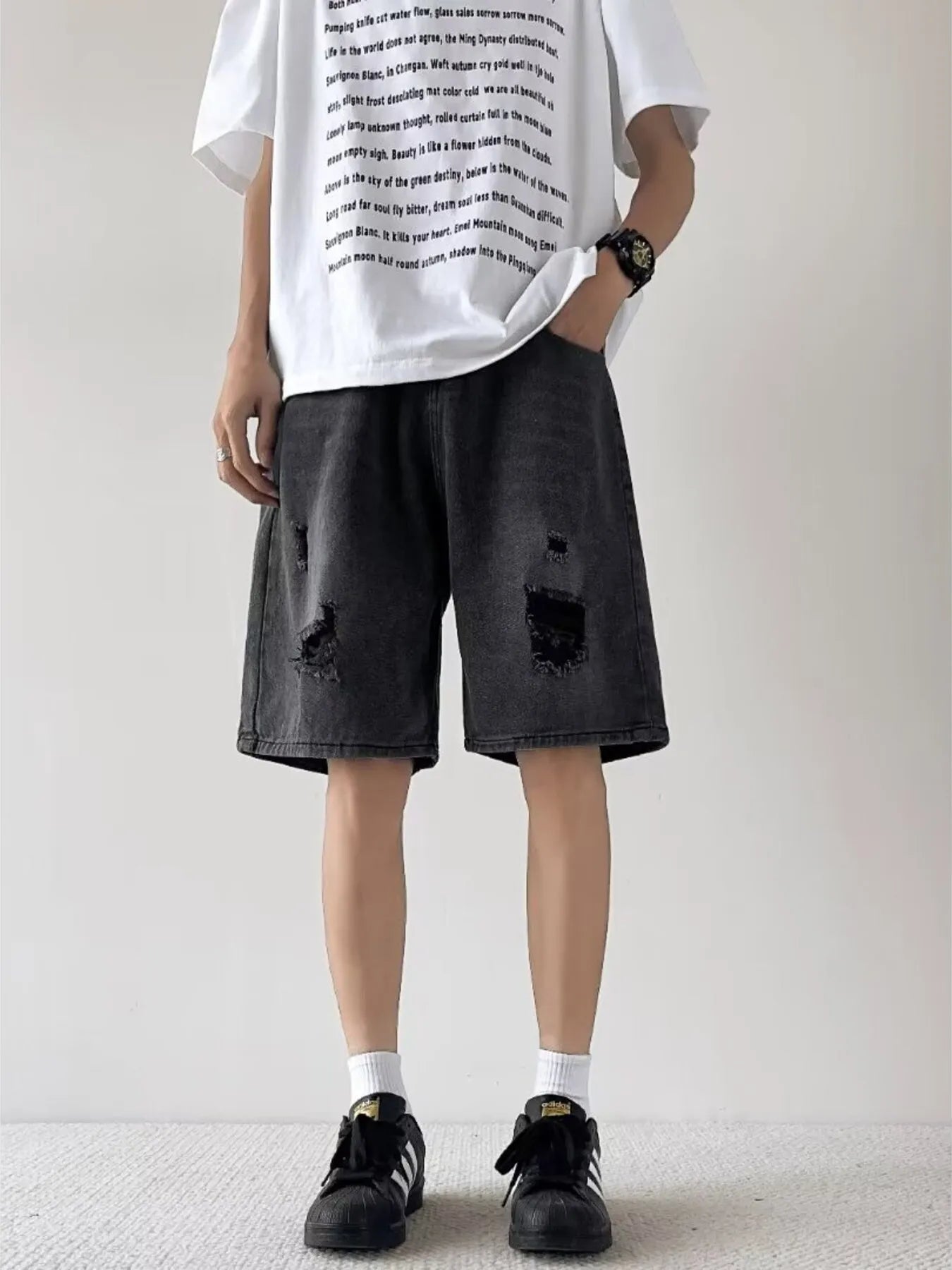 Men's casual loose fit ripped denim shorts by Simply Love, plus size, lightweight bottoms with distressed style and relaxed fit.