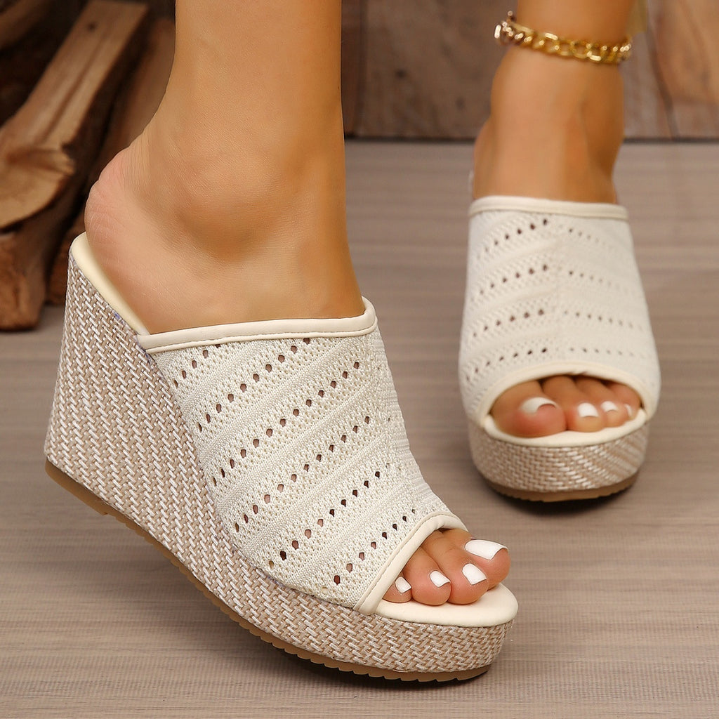 Women's mesh open toe wedge sandals by Trendsi featuring stylish high heels and comfortable design for summer wear.