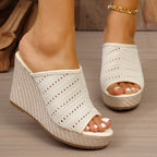 Women's mesh open toe wedge sandals by Trendsi featuring stylish high heels and comfortable design for summer wear.