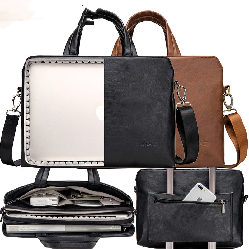 Leather handheld one-shoulder business notebook briefcase by Plush Fashion Hub, showing its sleek design and sturdy handle.