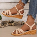 Shopimist open toe wedge sandals with cork heel and ankle strap, perfect for summer casual wear.