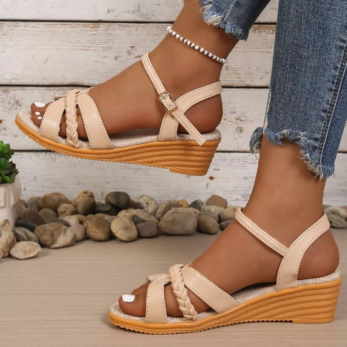 Shopimist open toe wedge sandals with cork heel and ankle strap, perfect for summer casual wear.