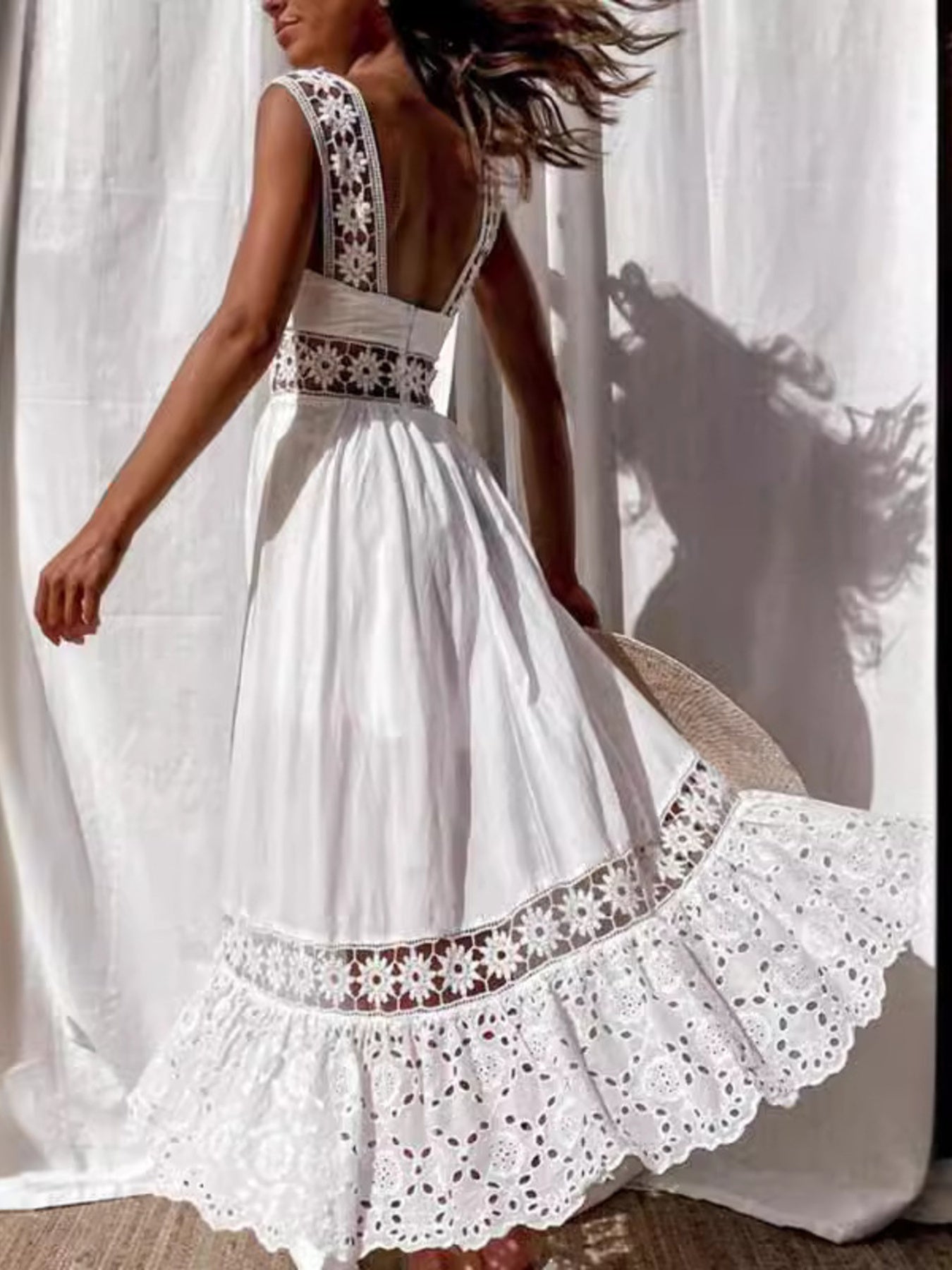Plus size openwork crochet sleeveless midi dress by Trendsi, perfect boho summer beachwear with a breezy, stylish design.