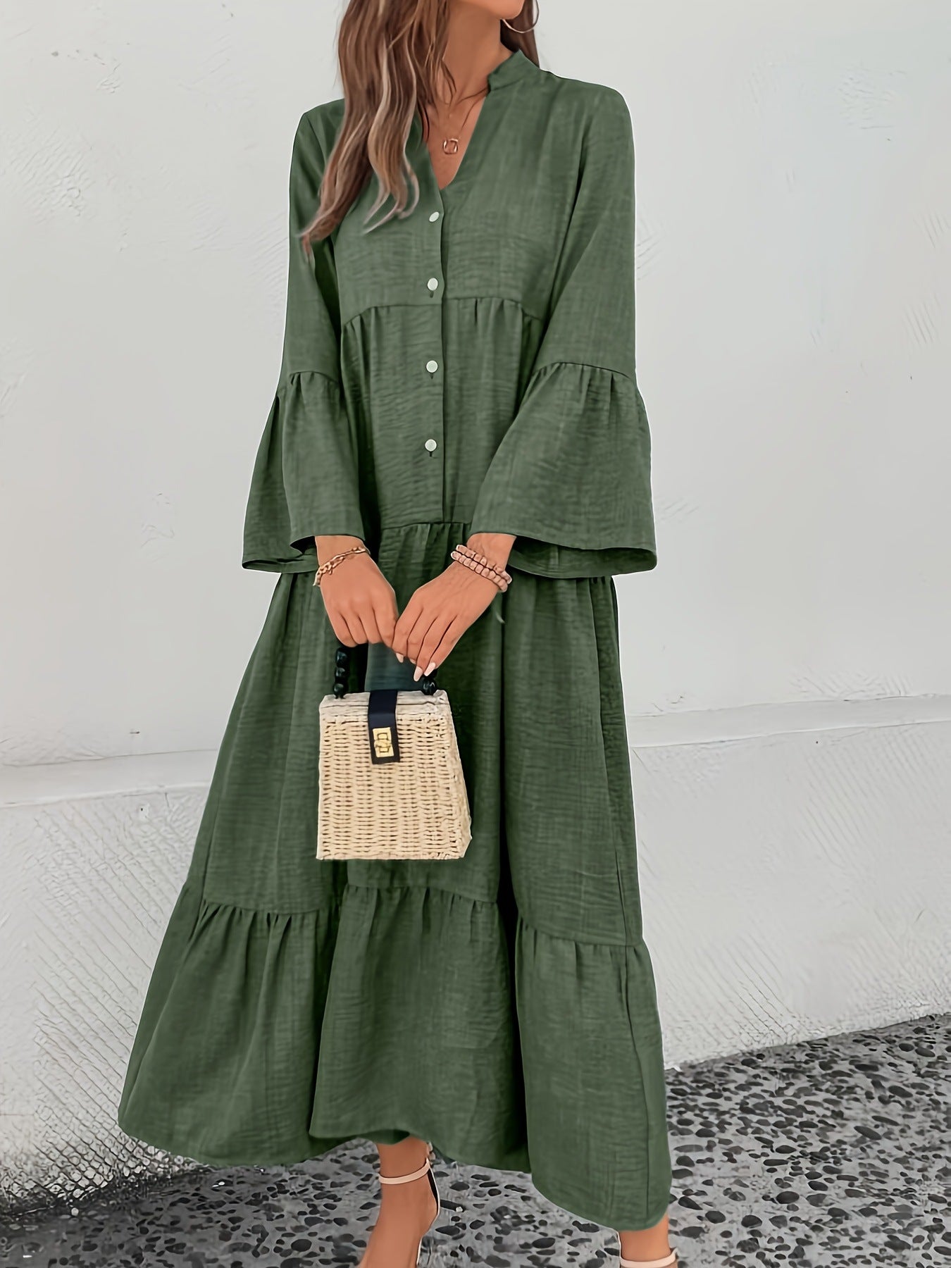 Casual cotton blend button-front tiered midi dress from Trendsi, featuring a summer-ready, flowy design with a relaxed fit.