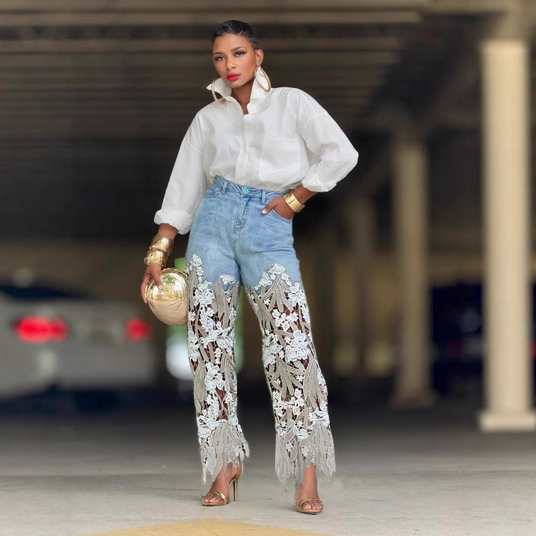 Eprolo hollow out patchwork irregular lace straight leg jeans showing distressed details and unique lace accents.