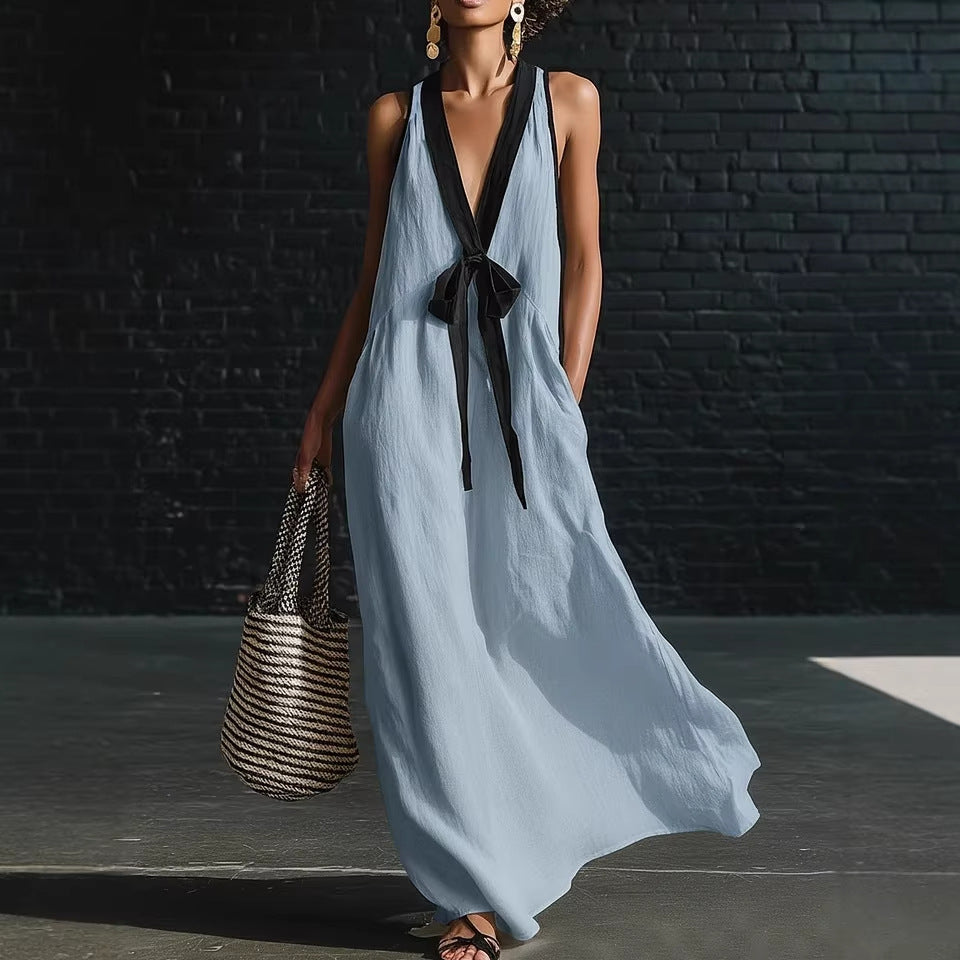 Elegant eprolo strapless V-neck sleeveless resort dress with a long, simple design perfect for summer occasions.