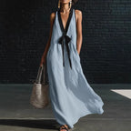 Women's V-Neck Strapless Sleeveless Maxi Dress | Resort-Style Elegant Long Dress