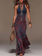 Women's Floral Print Halter Neck Deep V Lace Trim Mermaid Maxi Dress