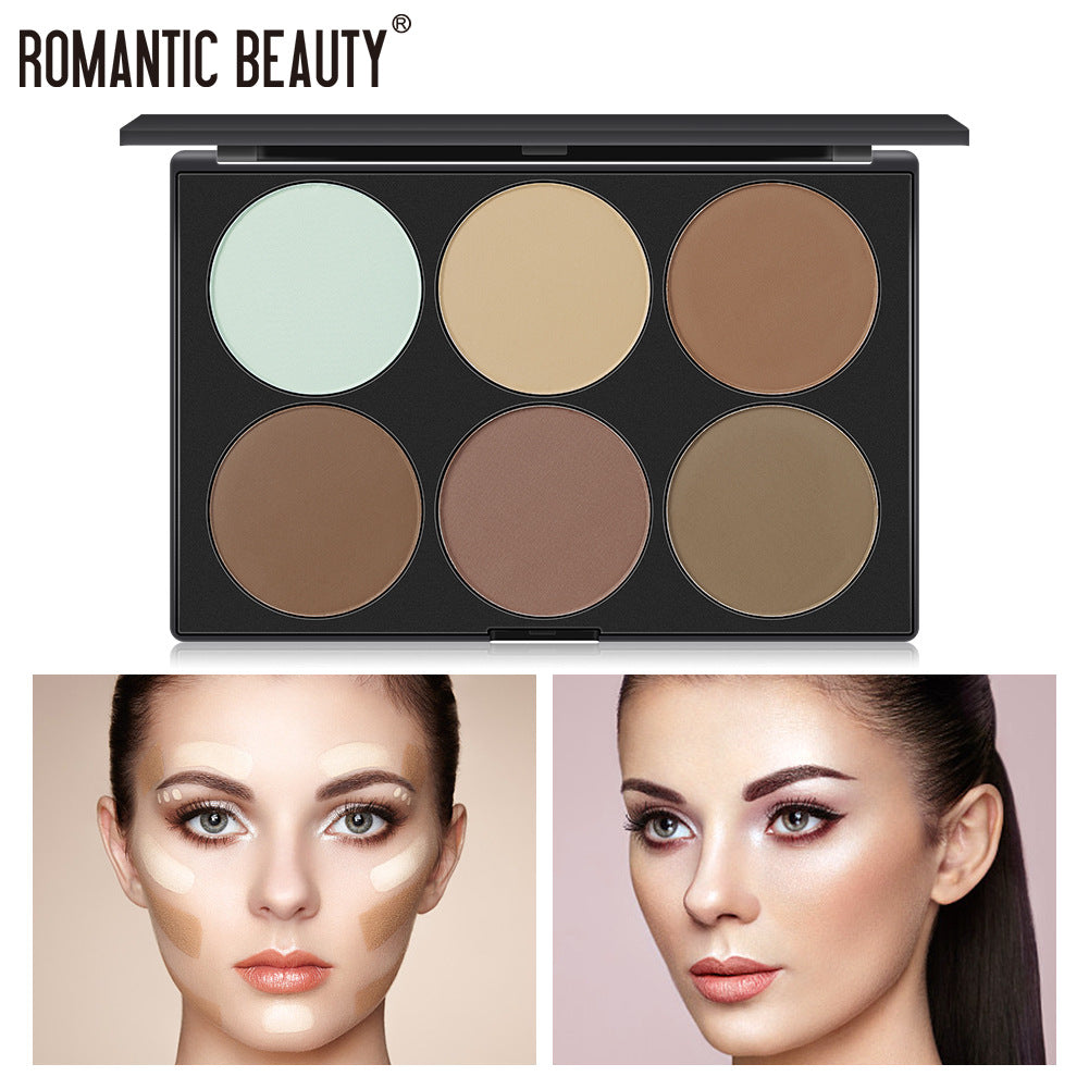 Romantic Beauty 6-color matte contour palette with light green, beige, and various brown shades, plus application models.