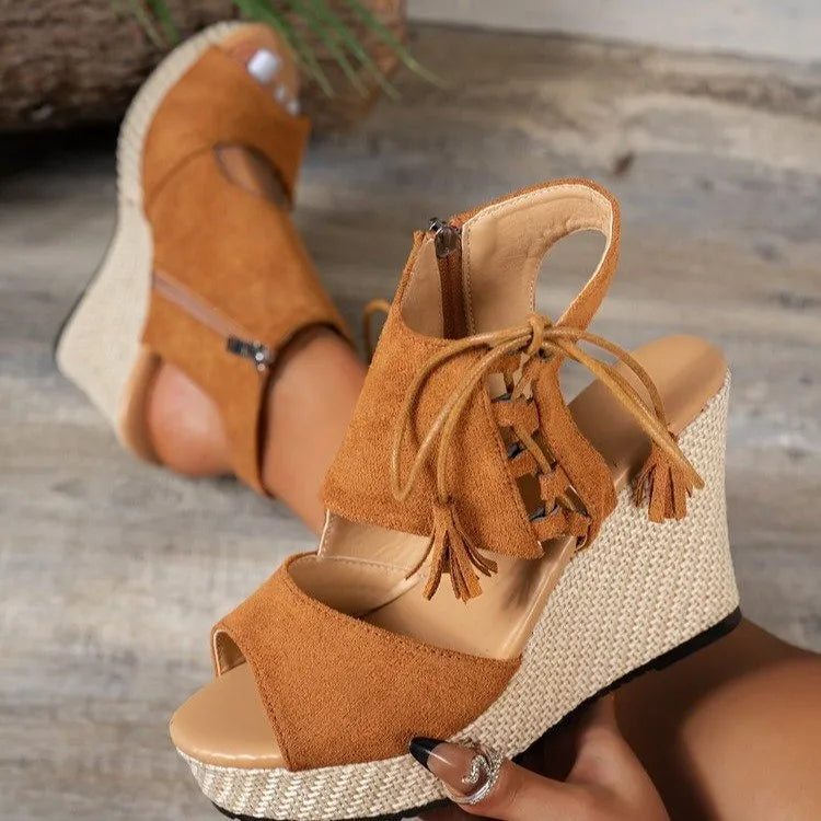Shopimist peep toe wedge sandals with tan straps and chunky platform, stylish summer footwear for women.
