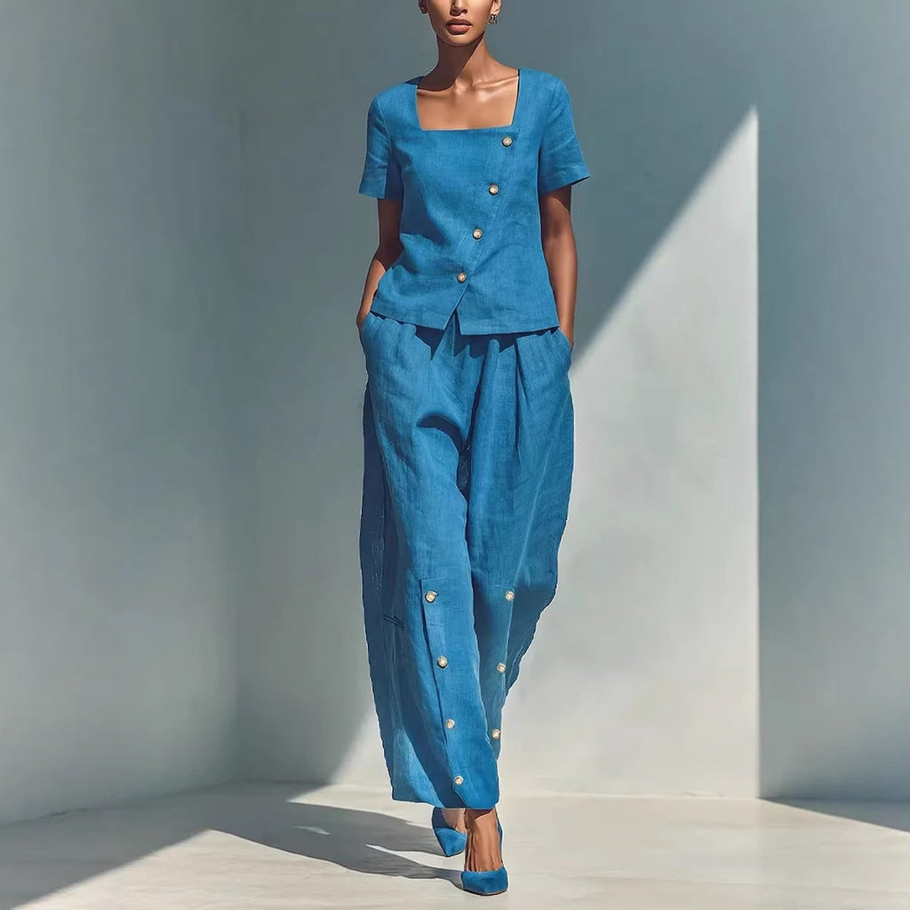 Plus size women's casual FitiqueFit loose short-sleeve top and high-waist pants set, shown in a relaxed fit and comfortable fabric.