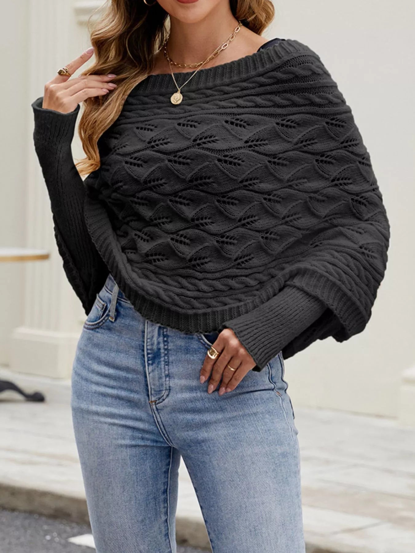 Cable knit batwing sleeve sweater from Plush Fashion Hub, featuring a cozy, textured knit with relaxed fit and stylish design.