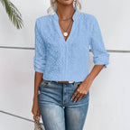 Women’s blue embroidered hollow-out long sleeve casual shirt from FitiqueFit with intricate embroidery and breathable fabric.