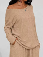 Plus size Trendsi loose fit one-shoulder T-shirt and pants set, featuring comfortable, relaxed fit fabric in a full-length pants style.