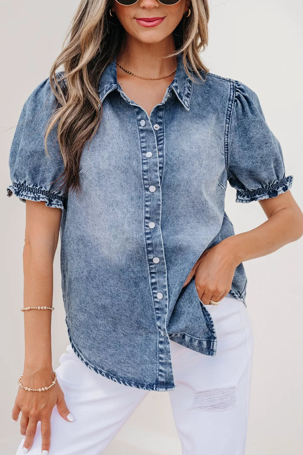 Plush Fashion Hub frilled short sleeve denim shirt with snap buttons, featuring a stylish, casual design and classic blue denim fabric.