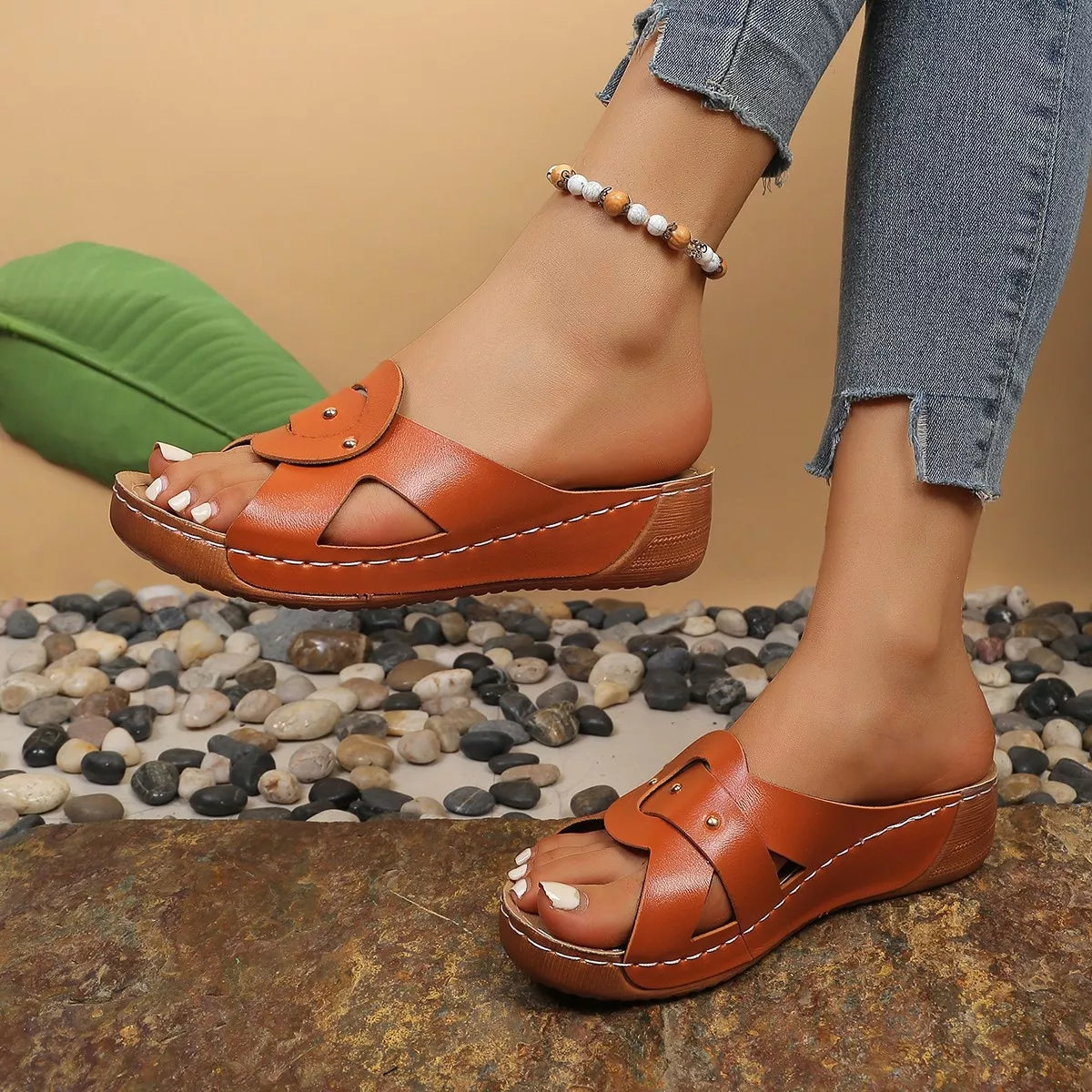 Shopimist open toe wedge sandals with cork heel and tan leather straps, perfect for summer or casual wear.