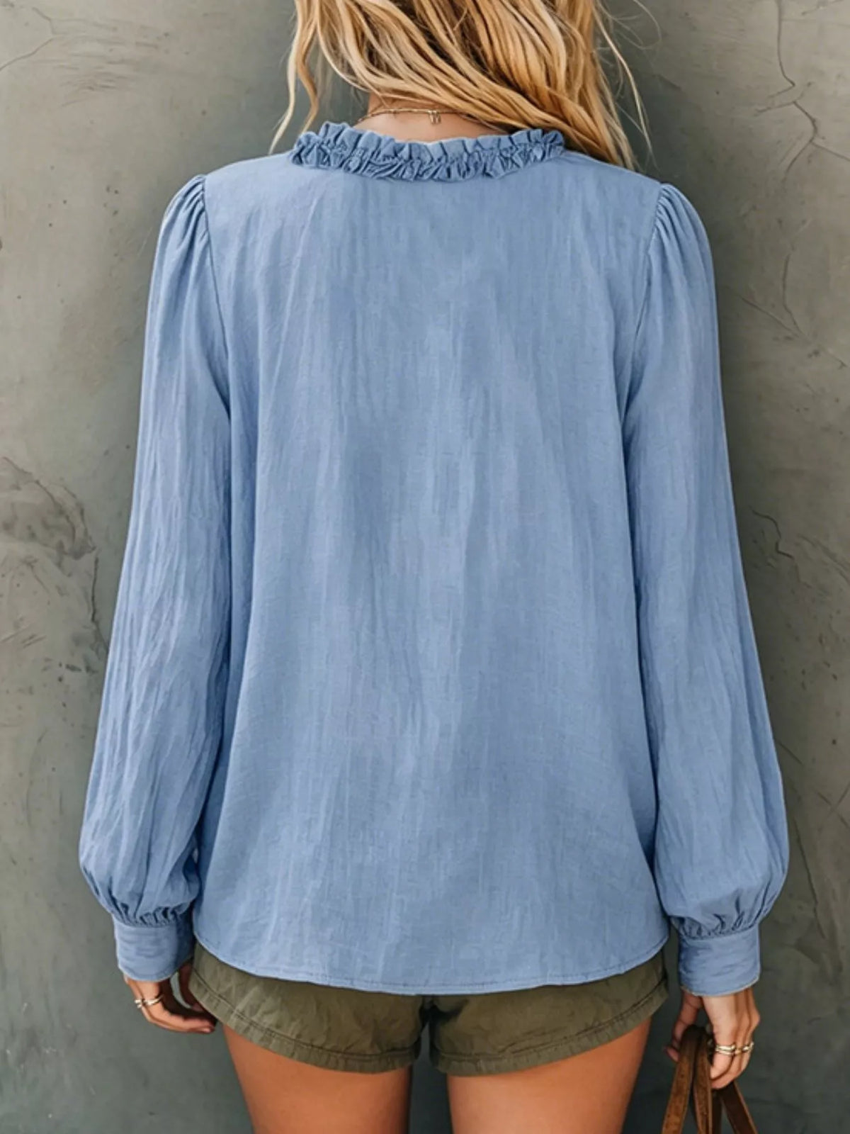Plush Fashion Hub frill V-neck long sleeve blouse with ruffled details, stylish shirt in soft fabric, perfect for casual or formal wear.