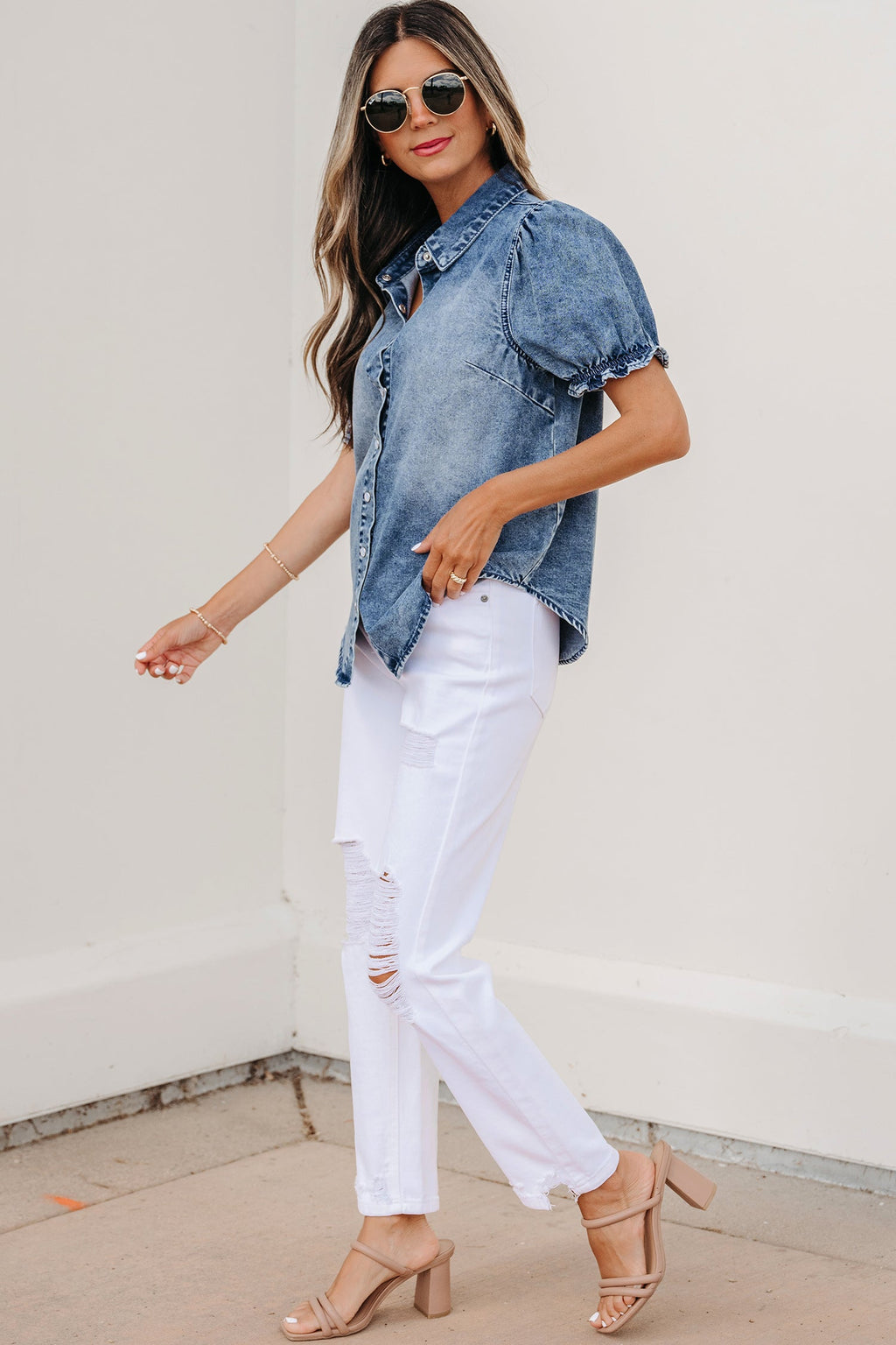 Ariana short sleeve snap blouse by Threaded Pear featuring a casual button-up design with short sleeves and a relaxed fit.