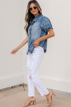 Ariana short sleeve snap blouse by Threaded Pear featuring a casual button-up design with short sleeves and a relaxed fit.