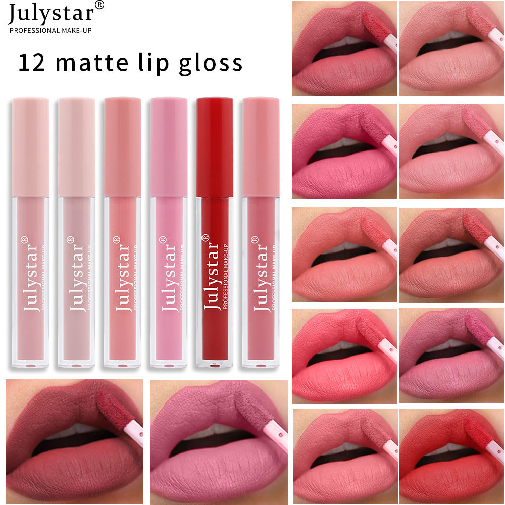 Julystar matte lip gloss set featuring liquid tubes in various pink and red shades, shown applied on lips.