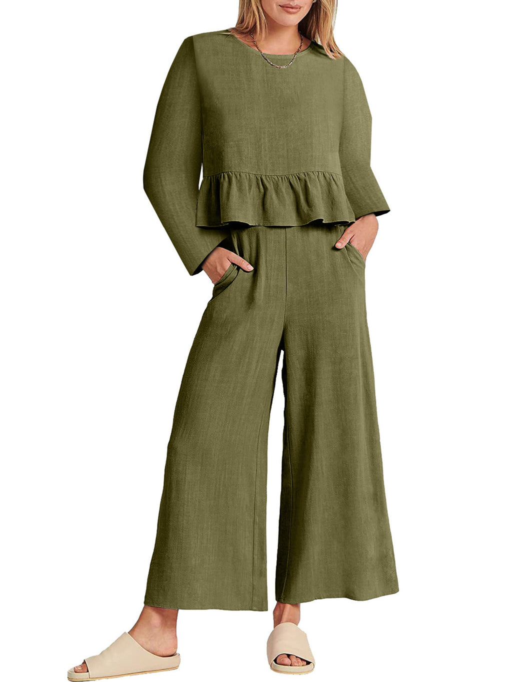 Women's ruffled hem long sleeve top and pants lounge set with pockets, made by Trendsi, featuring a comfortable, stylish 2-piece design.