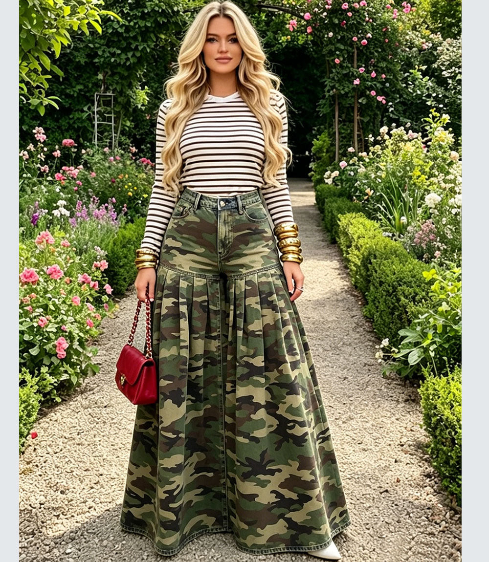 Women’s high-waisted camouflage wide-leg denim jeans with ruffle pleats, by Plush Fashion Hub, shown on a model.