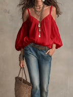 Cold shoulder balloon sleeve blouse by Shopimist, featuring a stylish design with puffed sleeves and a relaxed fit.