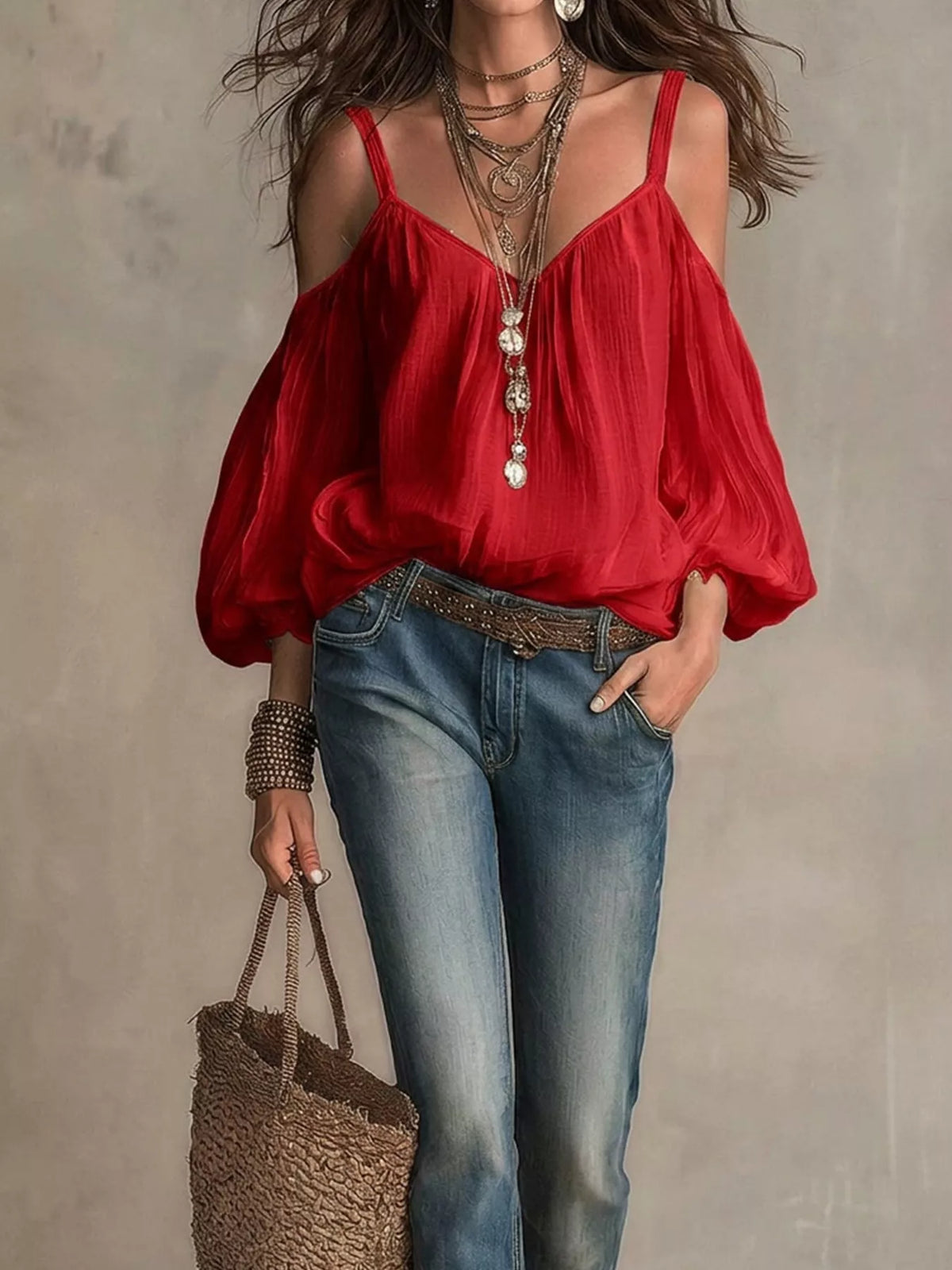 Cold shoulder balloon sleeve blouse by Plush Fashion Hub, featuring stylish cutouts and voluminous sleeves, in a chic, feminine design.