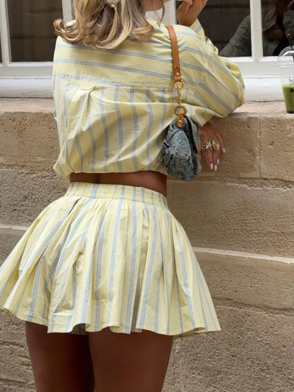 Shopimist striped button-up shirt and shorts set, featuring a stylish matching ensemble with vertical stripes and casual fit.