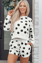 Threaded Pear Marley shoulder pullover and drawstring shorts set, casual and stylish, shown on a model in a relaxed pose.