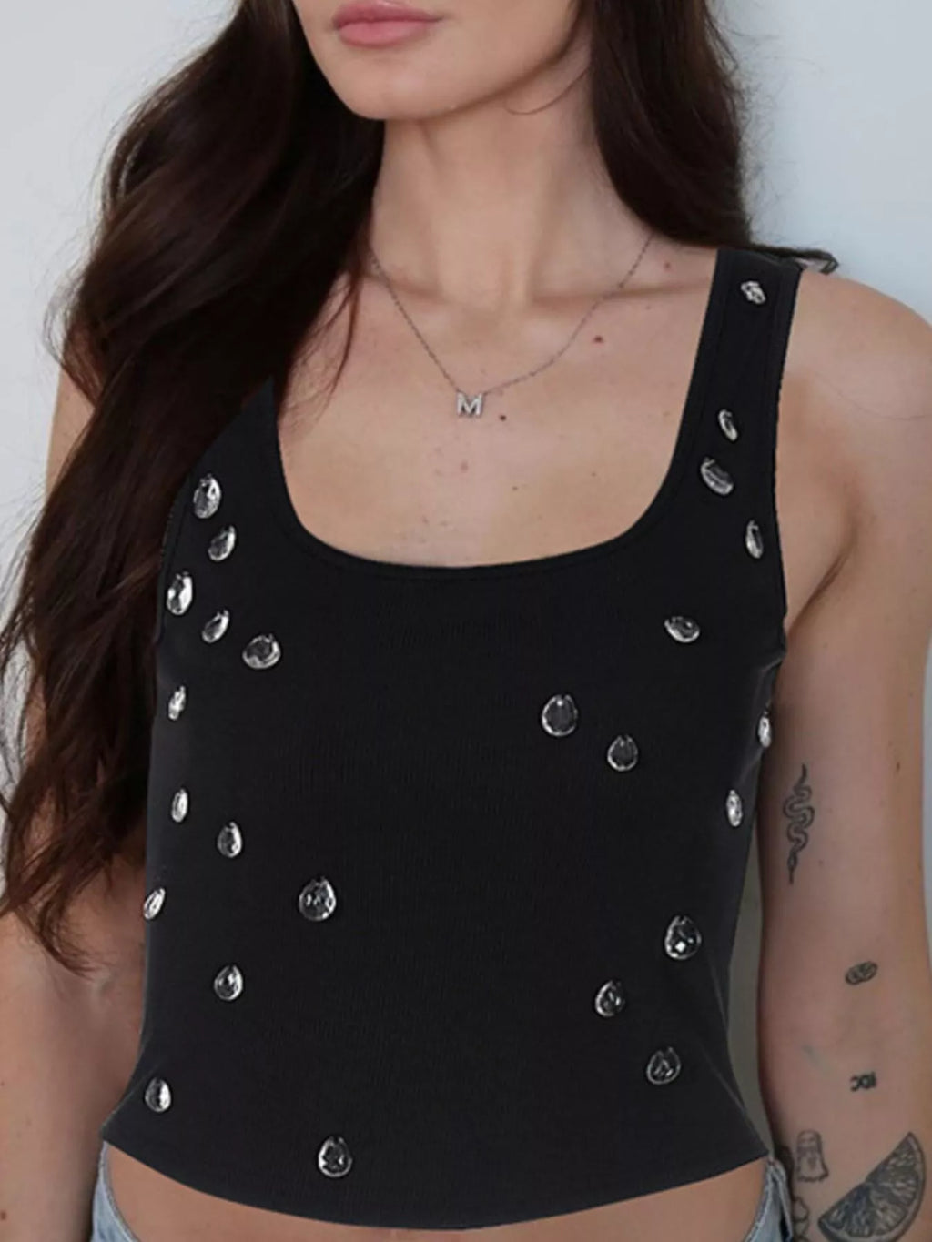 Bead-embellished square neck tank top from Plush Fashion Hub, featuring a stylish design and modern fit.
