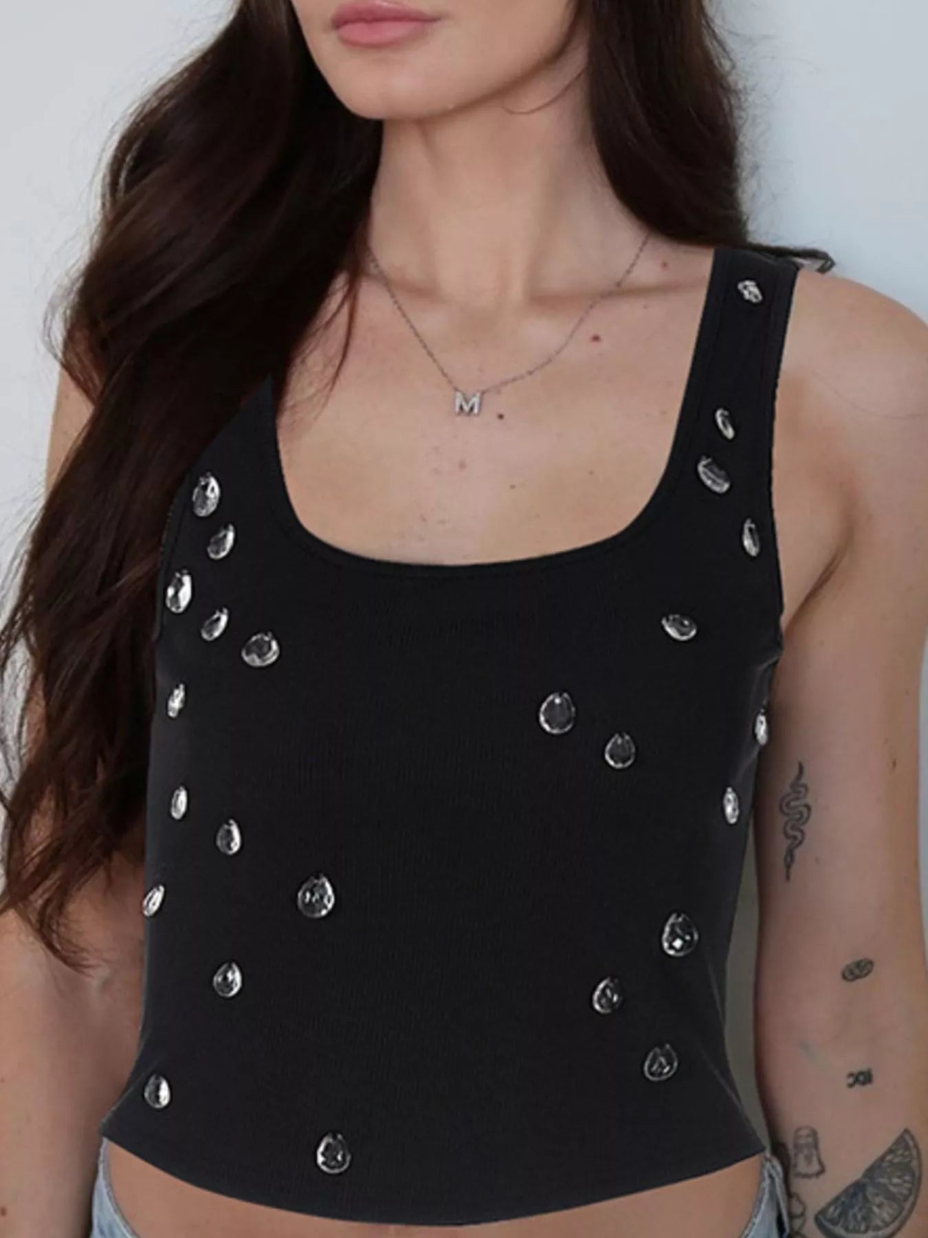 Bead-embellished square neck tank top from Plush Fashion Hub, featuring a stylish design and modern fit.