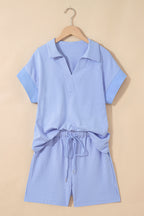 Lilian Dolman Sleeve Polo Shirt Set by Threaded Pear featuring a short sleeve polo top and matching shorts, casual and stylish.