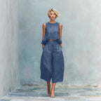 Women's linen-blend sleeveless two-piece set with ruffled detailing by Plush Fashion Hub, featuring a top and matching skirt.
