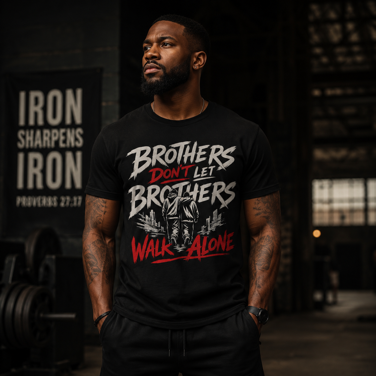 Wear Your Worship Brothers Don't Let Brothers Walk Alone T-shirt featuring a bold printed design on front.