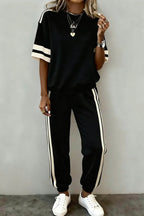 Threaded Pear Leona striped detail loose tee paired with matching pant set, featuring relaxed fit and casual style.