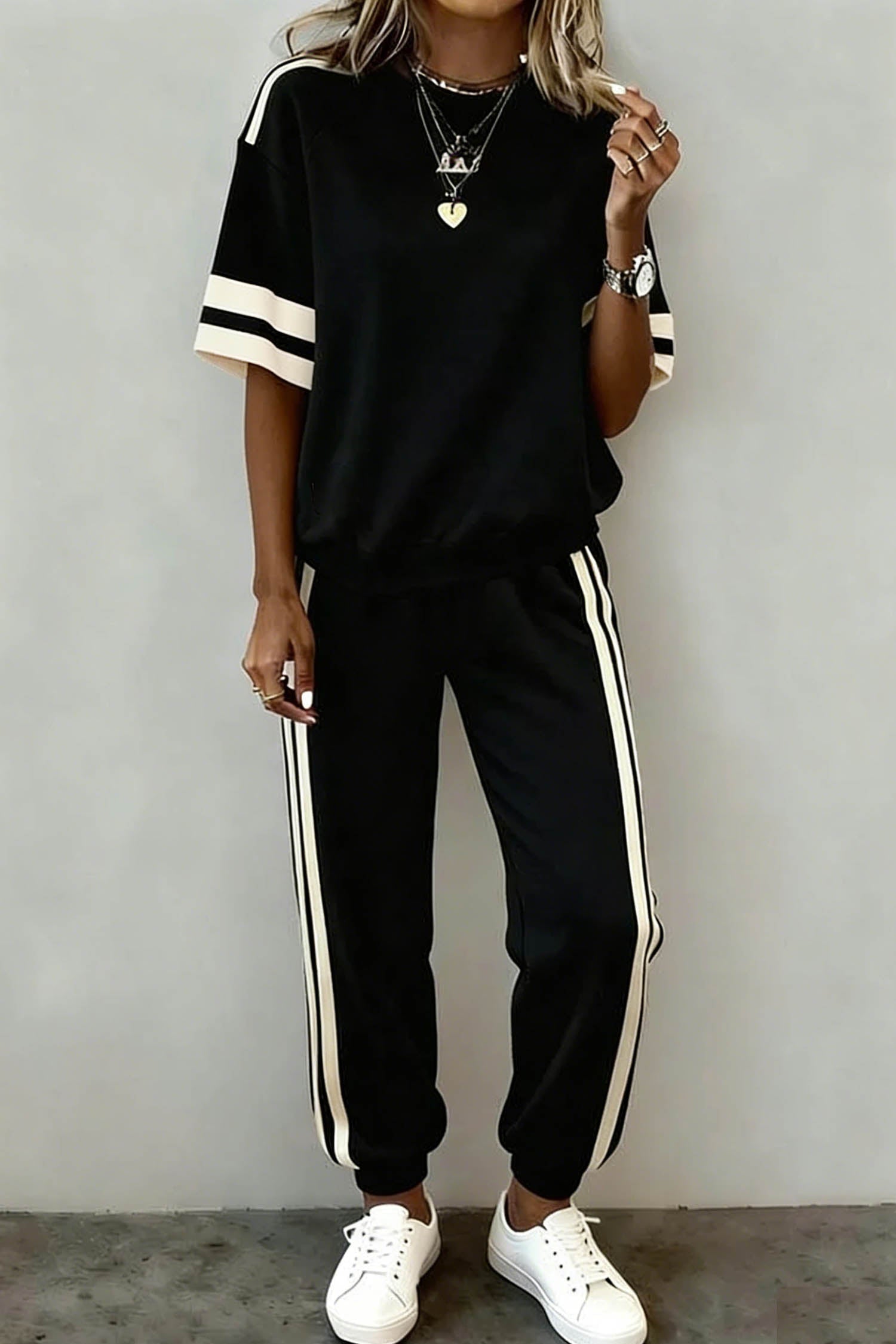 Threaded Pear Leona striped detail loose tee paired with matching pant set, featuring relaxed fit and casual style.