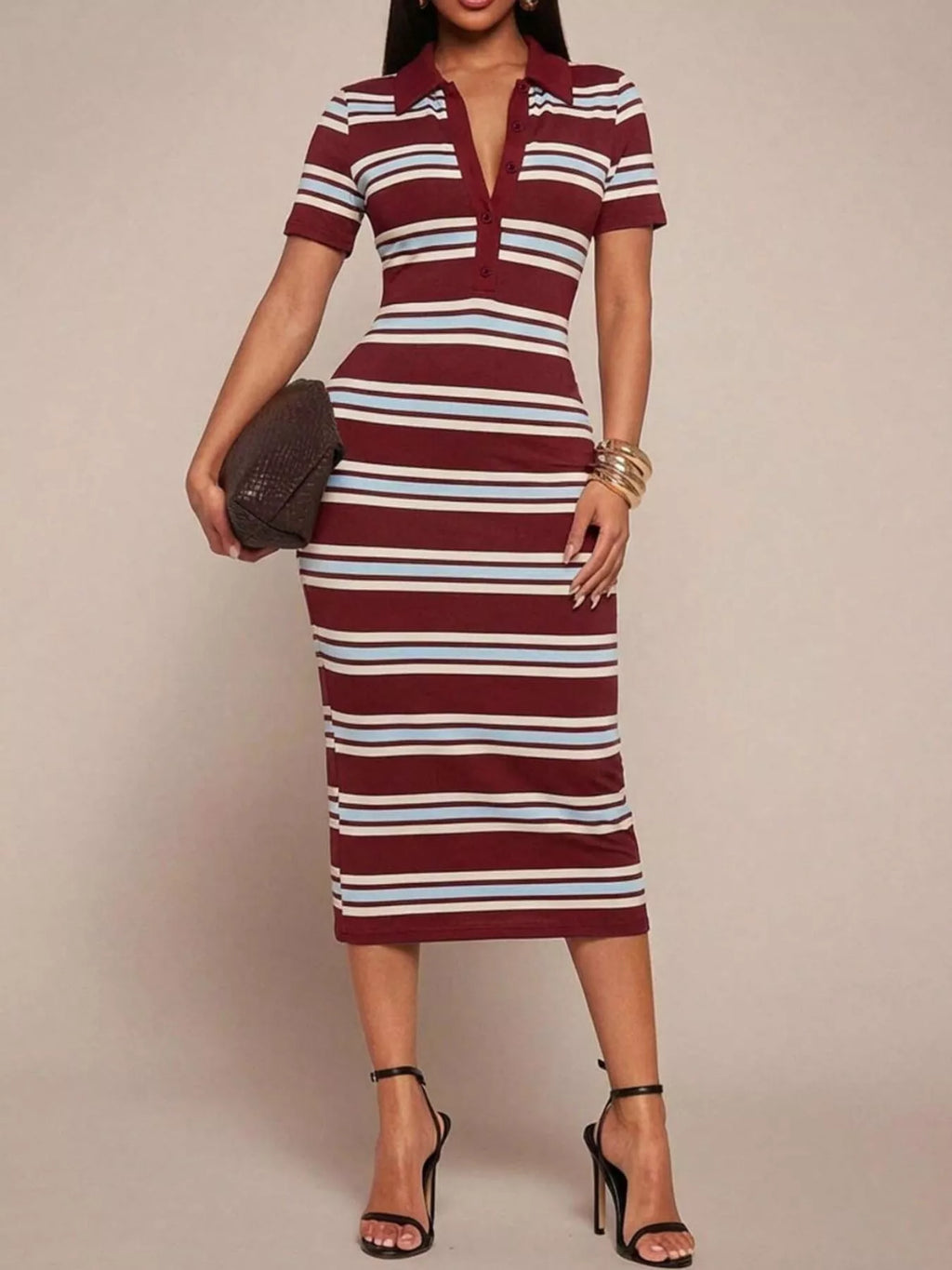 Shopimist striped polo collar midi dress with short sleeves and a fitted waist, featuring bold horizontal stripes and a classic collar.