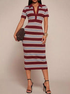 Shopimist striped polo collar midi dress with short sleeves and a fitted waist, featuring bold horizontal stripes and a classic collar.