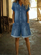Spring Short Sleeve Multi-Pocket Shirt Washed Denim Look Overalls Shorts Women's Clothing