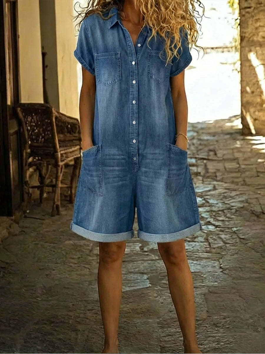Spring Short Sleeve Multi-Pocket Shirt Washed Denim Look Overalls Shorts Women's Clothing